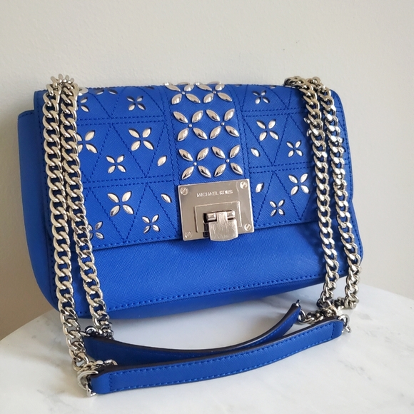 LIKE NEW* Michael Kors Tina Electric Blue ๐ Perforated Floral Shoulder Bag - Picture 2 of 12